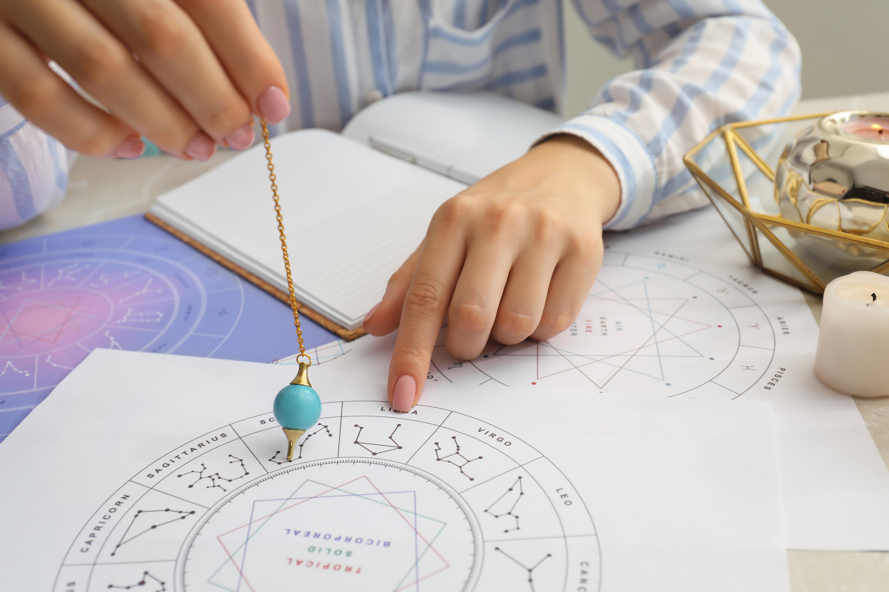 Astrologer Using Zodiac Wheel and Pendulum for Fate Forecast at
